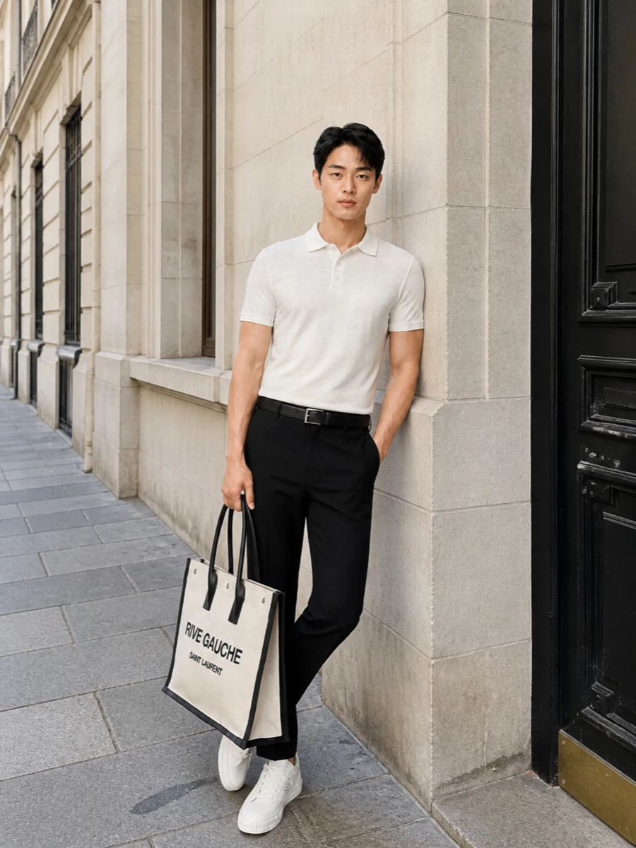 An off‑white Saint Laurent polo is grounded by razor-sharp black Prada trousers for a minimalist, quietly luxurious uniform. White Prada low-top sneakers keep the look relaxed yet precise, while the Saint Laurent Rive Gauche tote and a clean black Prada belt finish it with understated Parisian polish that works from daytime city errands to discrete evening plans.