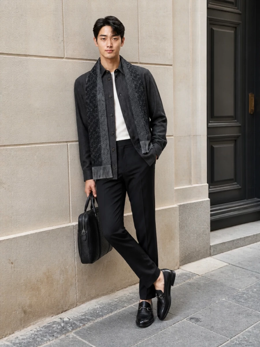 Gucci charcoal shirt black tailored trousers outfit