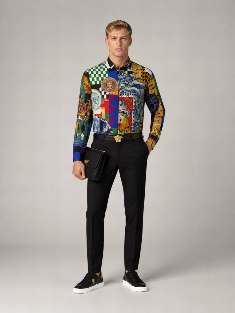 Versace Silk Medusa Collage Print Long-Sleeve Shirt