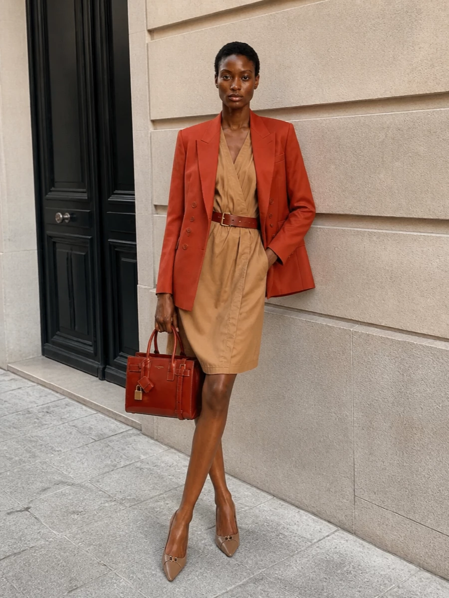The burnt terracotta Saint Laurent blazer sits over a crisp camel wrap dress for a sculpted, SS-appropriate take on power dressing that stays firmly in the house’s tailored, quiet-luxury language. Caramel-and-black slingbacks keep the line sharp and elongating, while the glossy terracotta top-handle bag mirrors the blazer’s color as a considered accent rather than more tailoring. This path prioritises the DRESS over separate suiting to avoid blazer-on-blazer redundancy and lets the outerwear remain the architectural hero of the look.