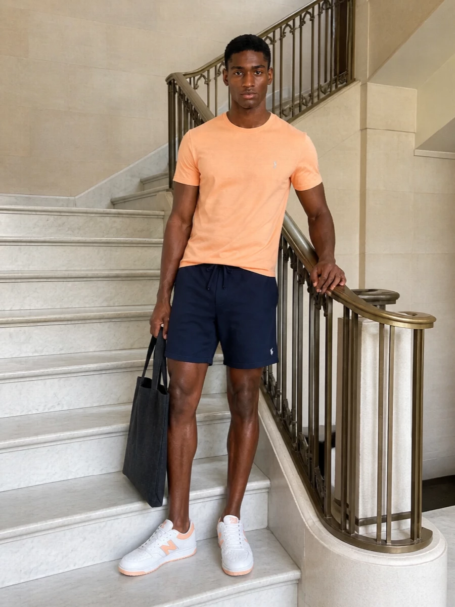 Soft peach up top and crisp navy on the shorts create a clean, coastal prep palette that feels relaxed but considered. White and peach court sneakers echo the tee, while the dark tote adds just enough contrast to keep things grounded rather than saccharine.