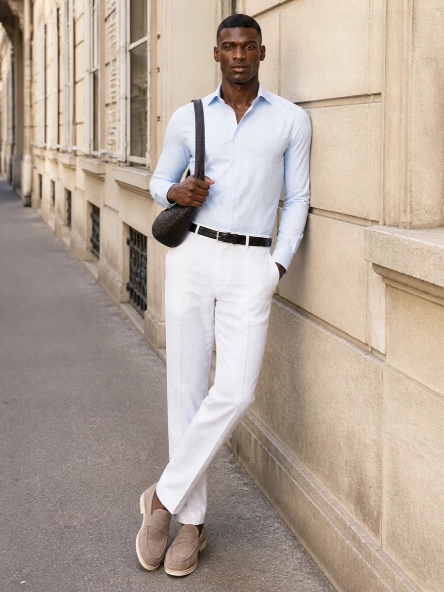 Brunello cucinelli white trousers blue shirt outfit
