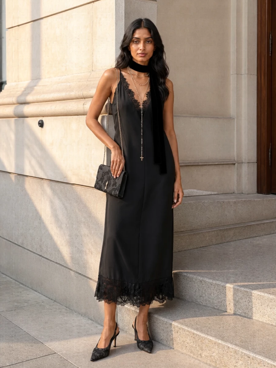 Ganni black lace slip dress lace heels
