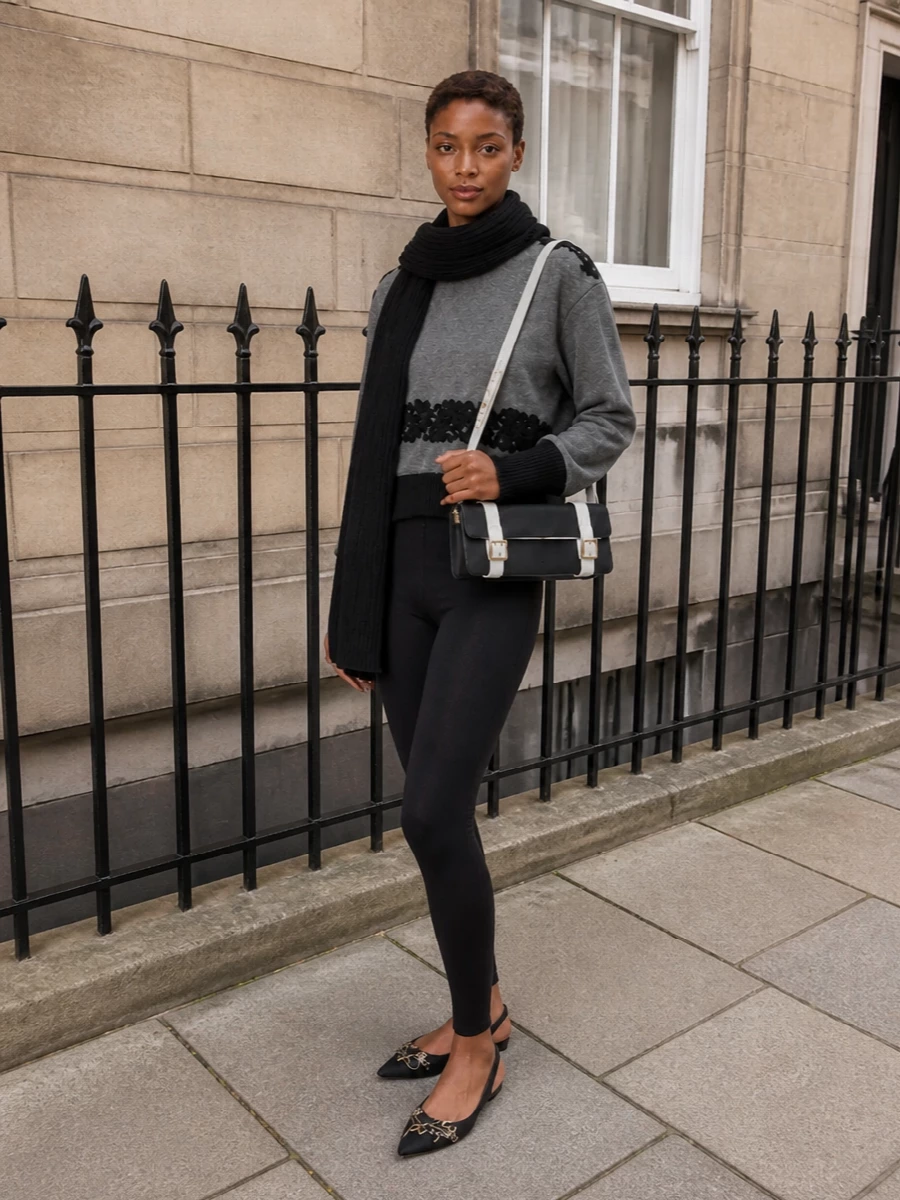 Dolce gabbana grey sweatshirt black leggings outfit
