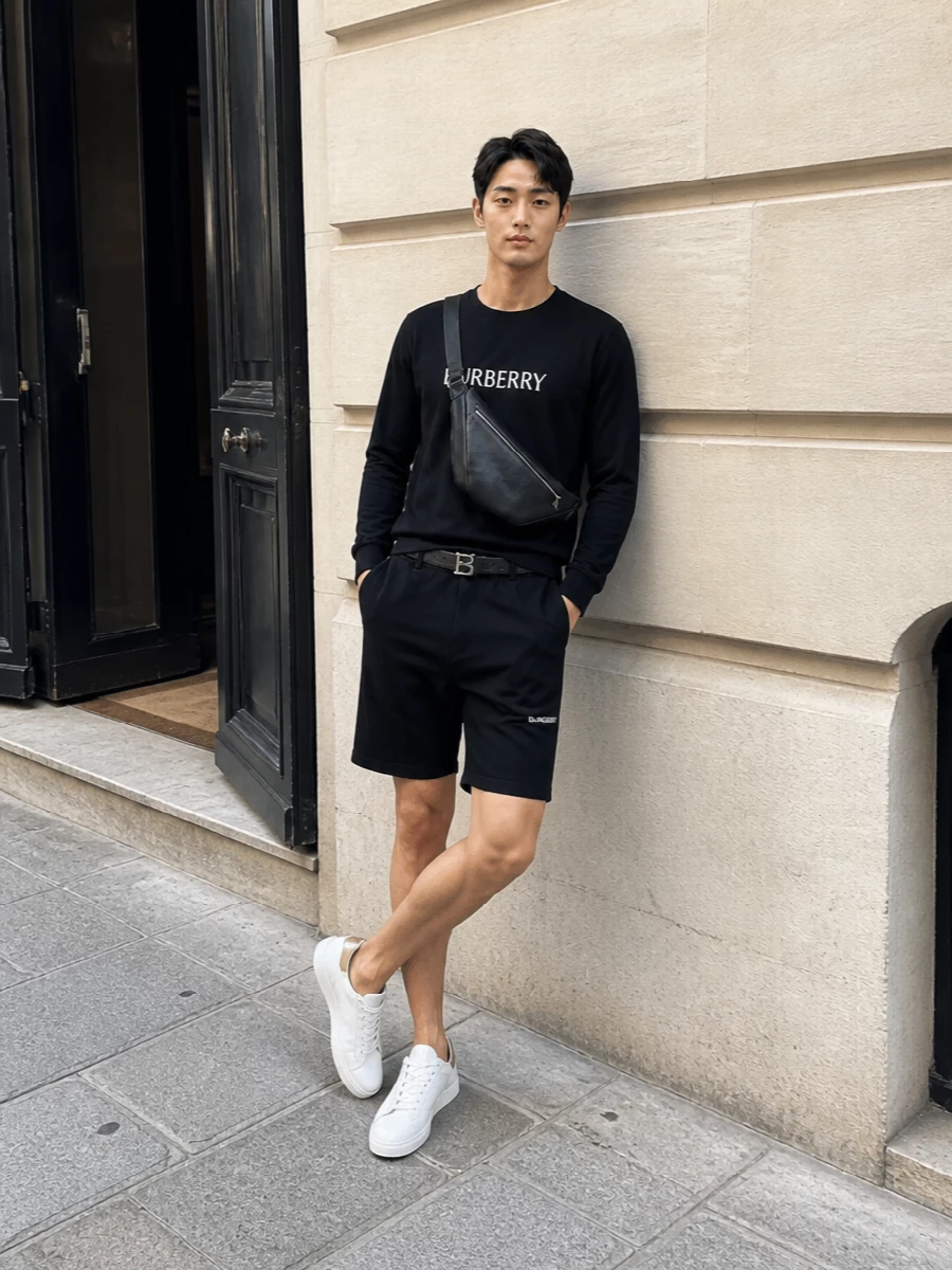 Burberry black t shirt chino shorts outfit