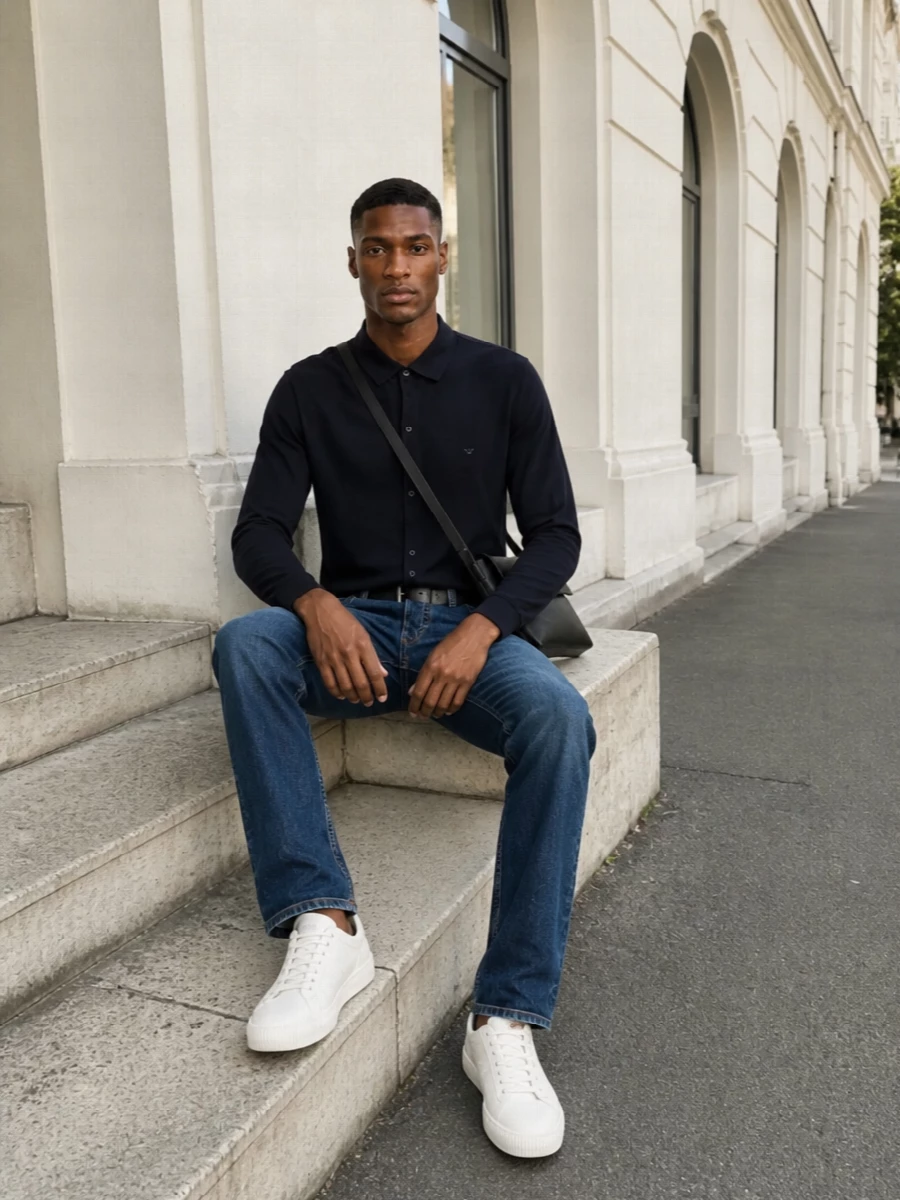 Emporio armani jeans navy shirt white sneakers