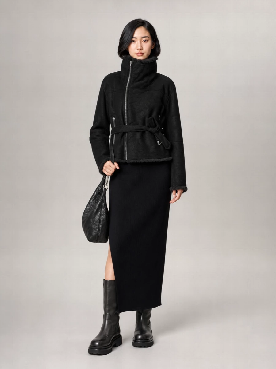 Rick Owens Shearling Cropped Belted Funnel-Neck Jacket