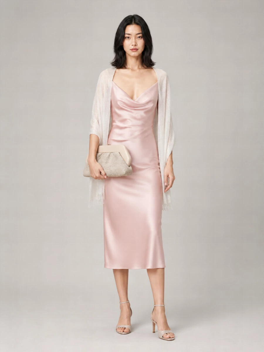 The Andamane Satin Effect Boat Neck Side Split Midi Dress