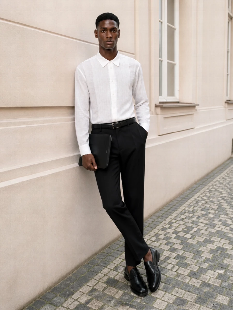 A crisp pleated tux-style shirt sits over sharp black tailoring for a restrained monochrome evening ensemble. The clean trouser line, polished loafers and slim belt keep everything precise without feeling stiff. A sleek black clutch adds just enough formality for dinners, openings or discreet city nights out.