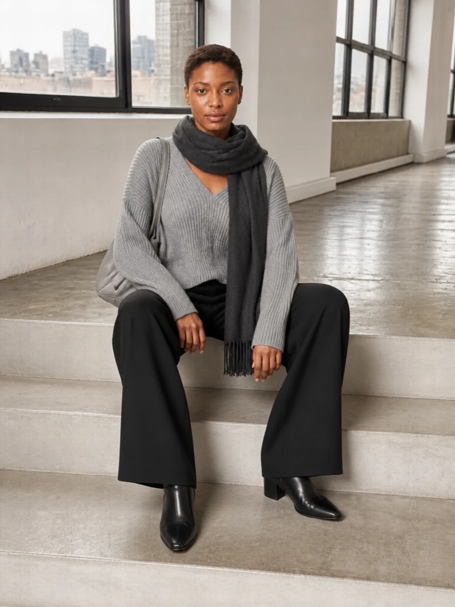 Sportmax grey sweater black wide leg trousers