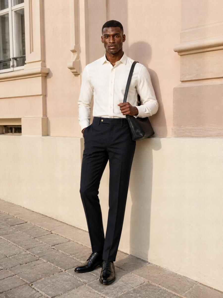 A crisp ivory shirt and slim navy trouser frame the black cap‑toe Oxfords in a quietly precise, boardroom-ready combination. The palette stays restrained while the proportions feel sharp and modern. It is formal enough for serious meetings yet calm enough for a late dinner reservation afterward.