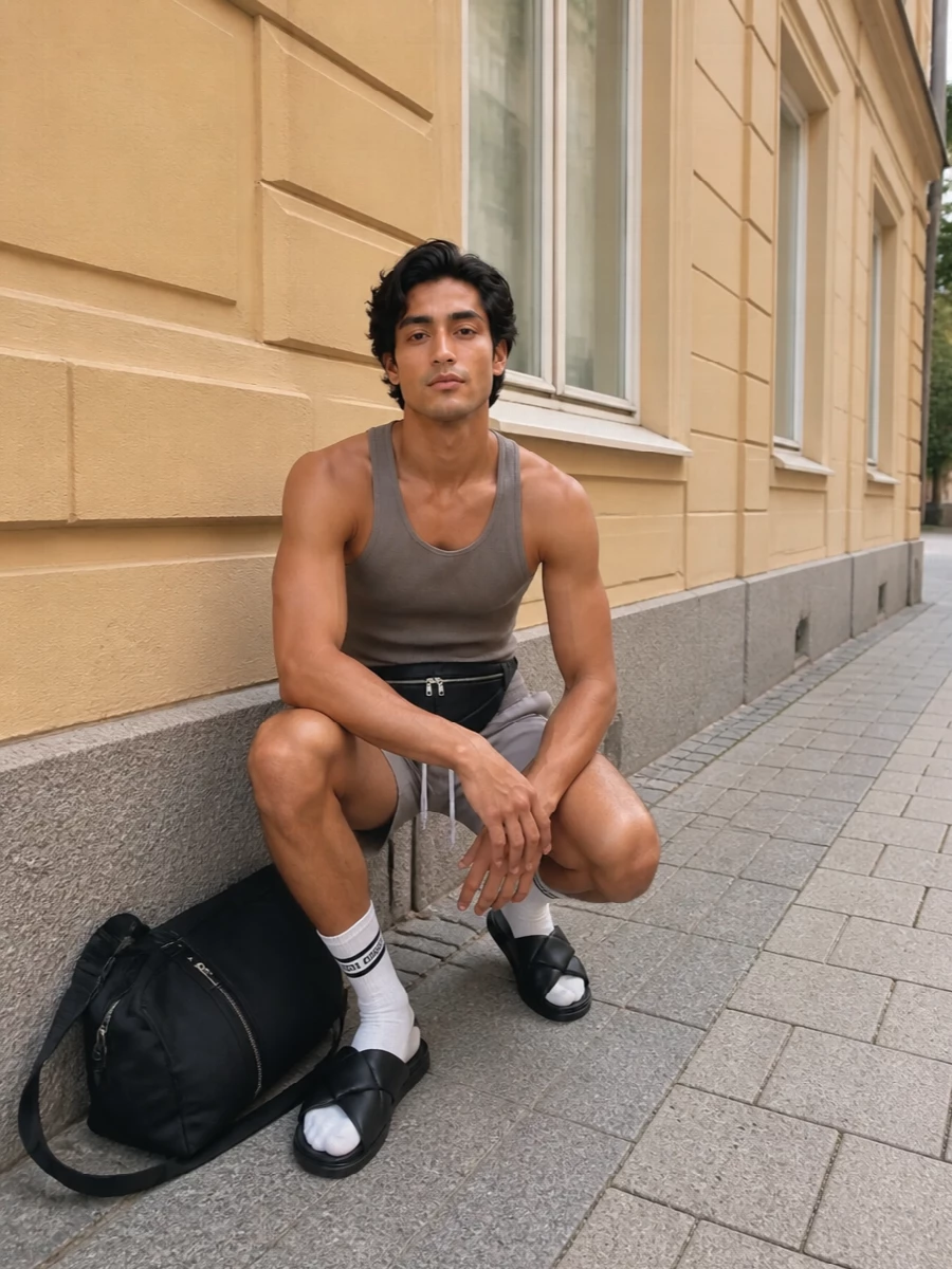 Rick owens taupe swim shorts minimalist tank outfit