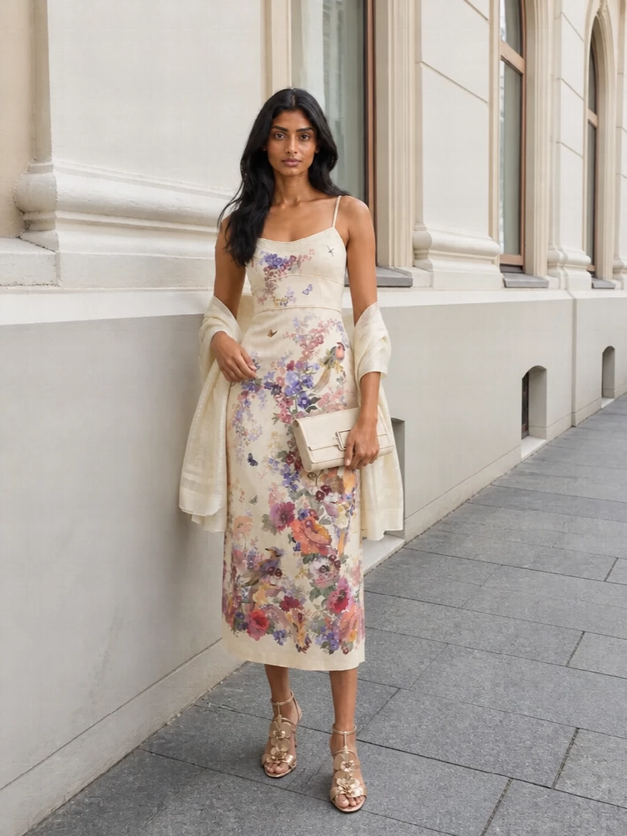 Zimmermann floral slip dress gold sandals