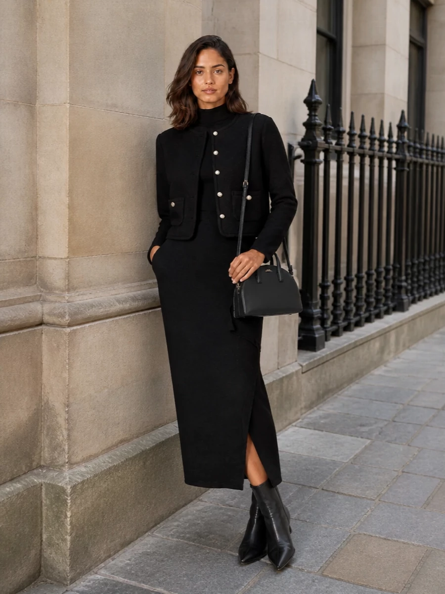 This is a restrained all-black ensemble that lets the cropped pearl-button jacket frame a clean knit column, quietly nodding to a modern Parisienne mood. The pointed ankle boot and structured dome bag bring just enough definition to keep the softness of the dress feeling intentional rather than relaxed. I chose the dress route over separates to emphasize a long, uninterrupted line under the boxy jacket, which feels more coherent and subtly dressy for city evenings or smart days out.