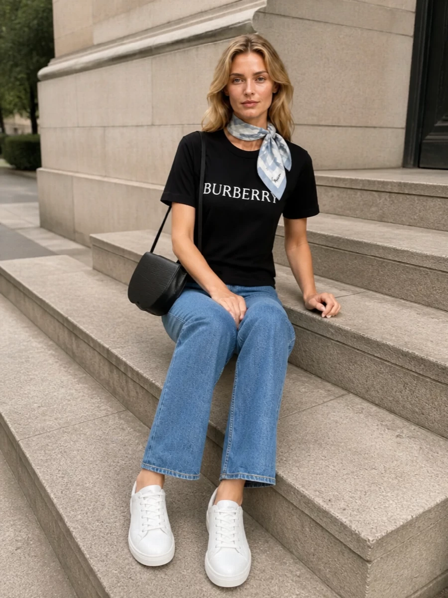 A jet black logo tee and straight blue denim set a clean Burberry uniform that feels relaxed but intentional. White leather sneakers keep everything sharp yet easy, while a sculpted black cross-body and soft watercolor-check scarf add just enough polish. The result is quietly branded city dressing that still feels unfussy and modern.