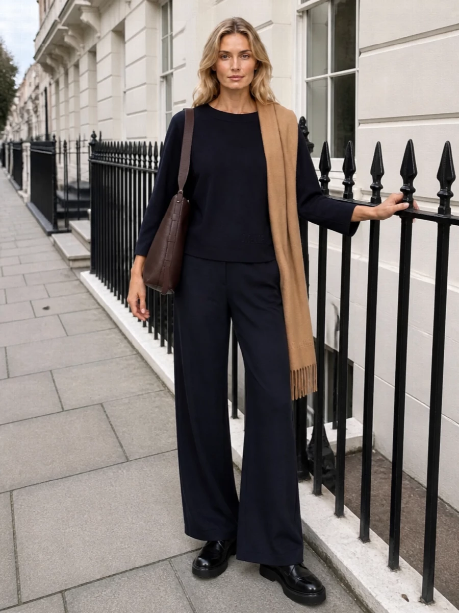 Max mara navy sweater wide leg trousers outfit