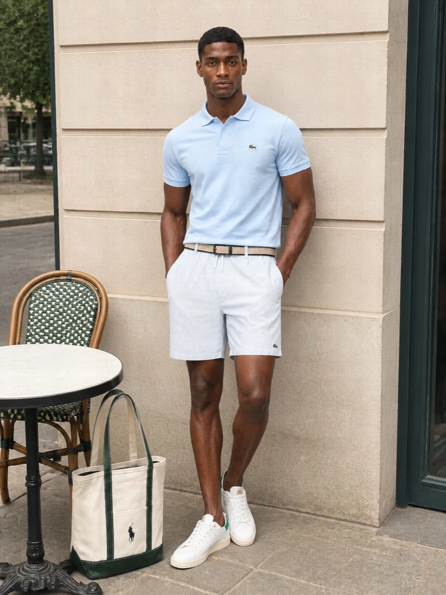 Lacoste striped shorts pale blue polo stan smith
