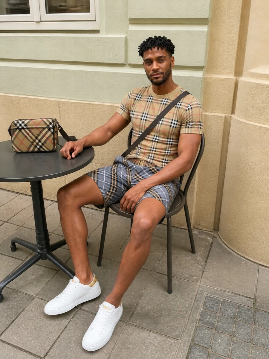 Burberry check tee grey shorts white sneakers