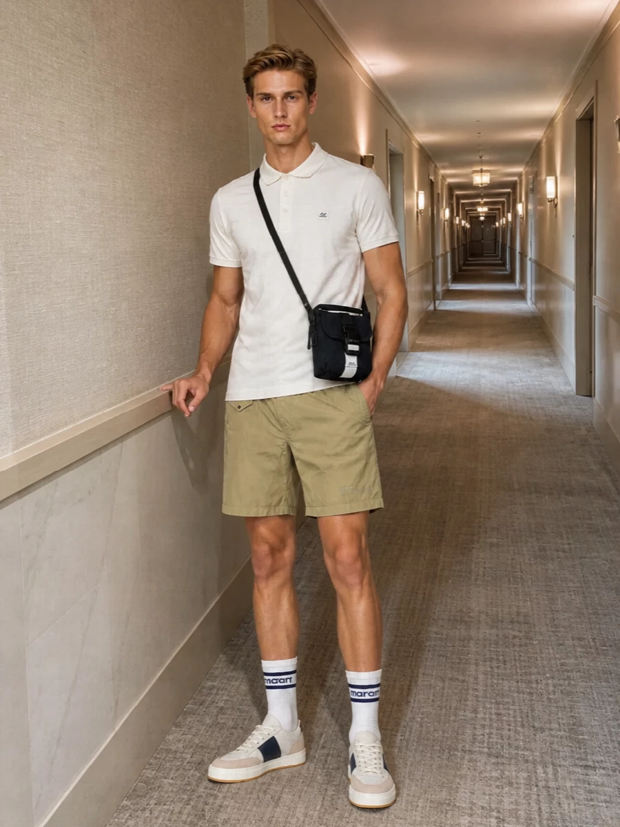 Soft neutrals and clean technical fabric keep this cream polo grounded in a calm, summer palette, with khaki deck shorts adding just enough contrast. Cream leather sneakers and a compact navy crossbody lean into a polished sport-prep vibe that works from city errands to terrace drinks without feeling fussy.