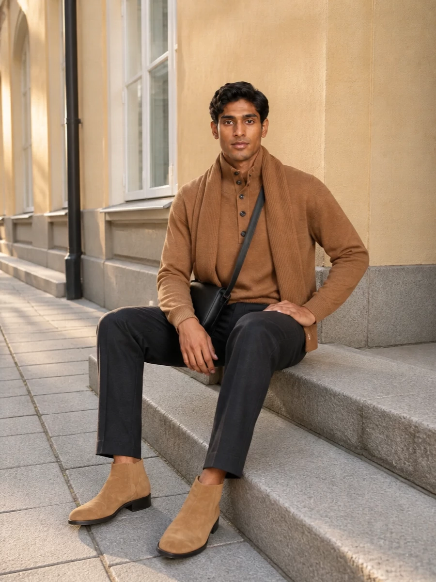 Ami camel sweater charcoal trousers suede boots