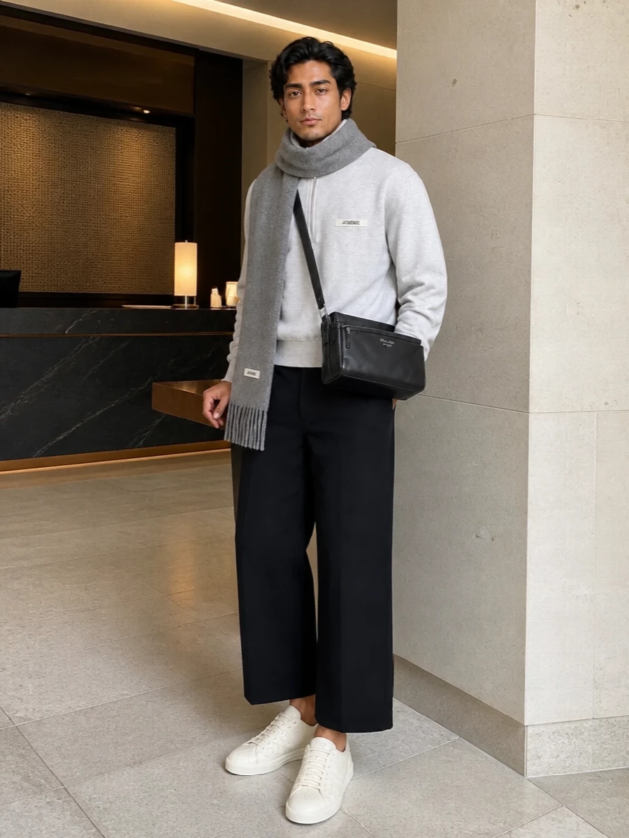 Jacquemus half zip cropped trousers prada sneakers