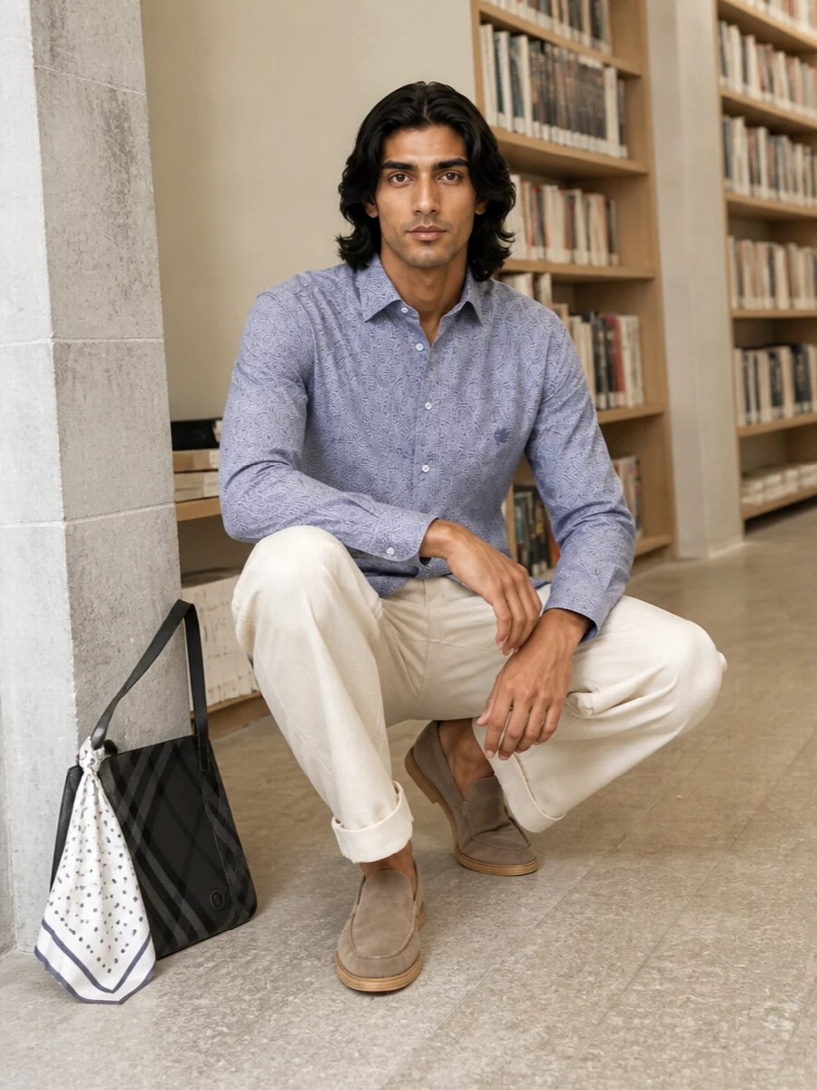 Dusty blue paisley and light beige tailoring set a calm, polished mood that feels right for long warm days in the city or by the coast. The wide-leg trouser balances the shirt’s regular cut, giving the outfit ease and movement while staying quietly refined. Taupe suede loafers and a slim charcoal shoulder bag keep the finishing touches subtle and grown up around the Etro statement piece.