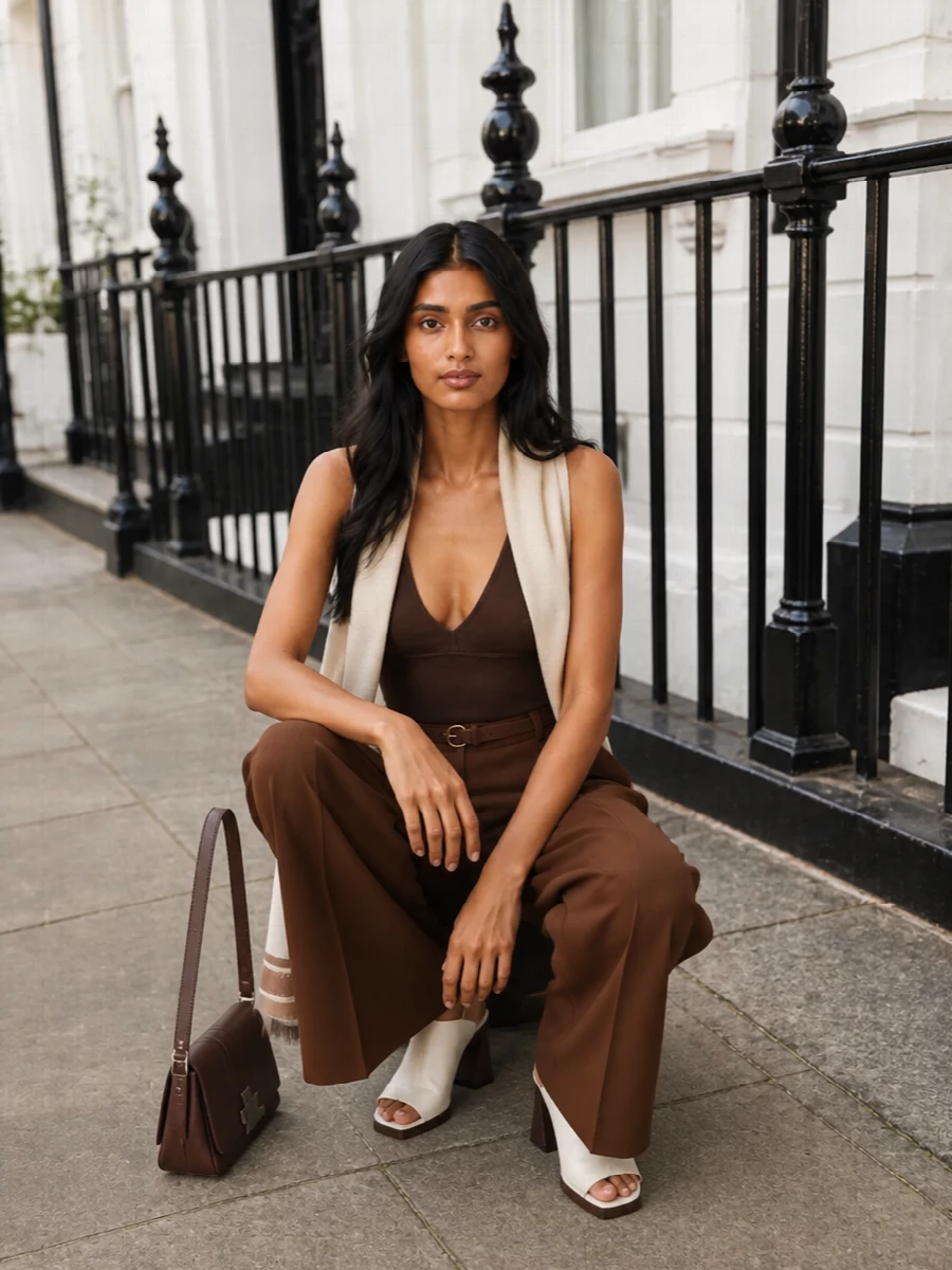 A deep chocolate column on top and bottom is quietly broken by ivory and espresso at the feet, keeping the palette rich but never heavy. Wide, pleated tailoring at the waist sharpens the tank’s lingerie-adjacent ease, while a slim shoulder bag and soft scarf keep the finish precise rather than fussy. It is an office-to-dinner uniform for someone who prefers depth in their neutrals over brightness.