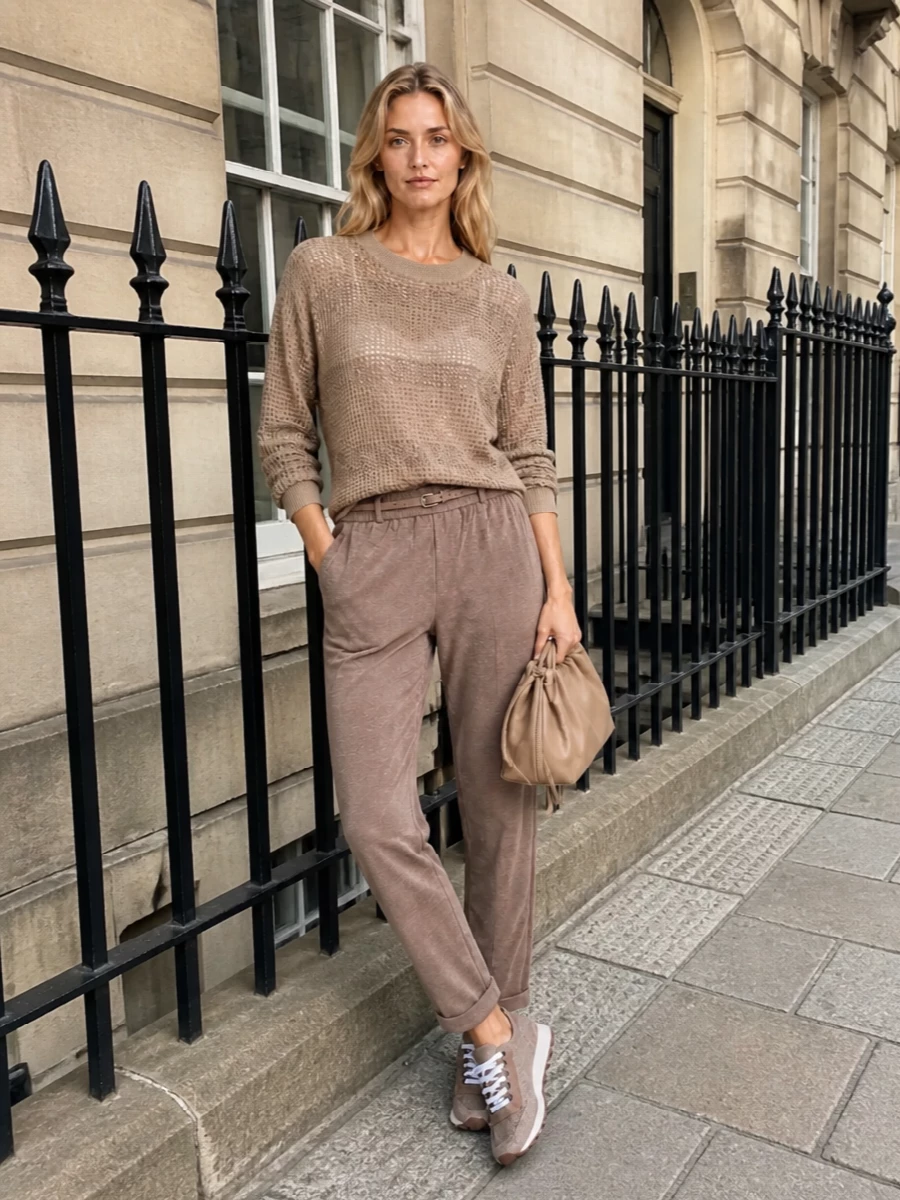 Brunello cucinelli taupe mesh sweater joggers