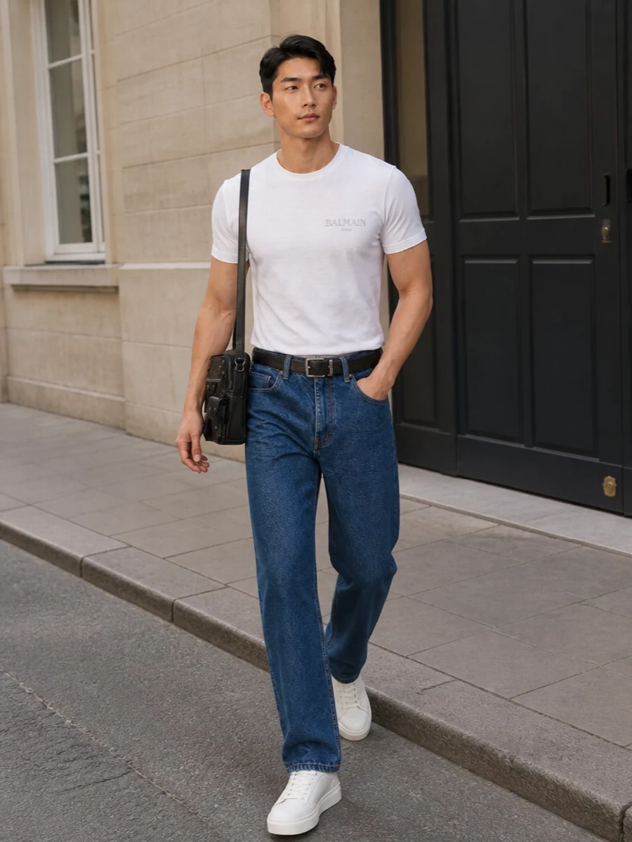 Balmain jeans t shirt outfit sneakers