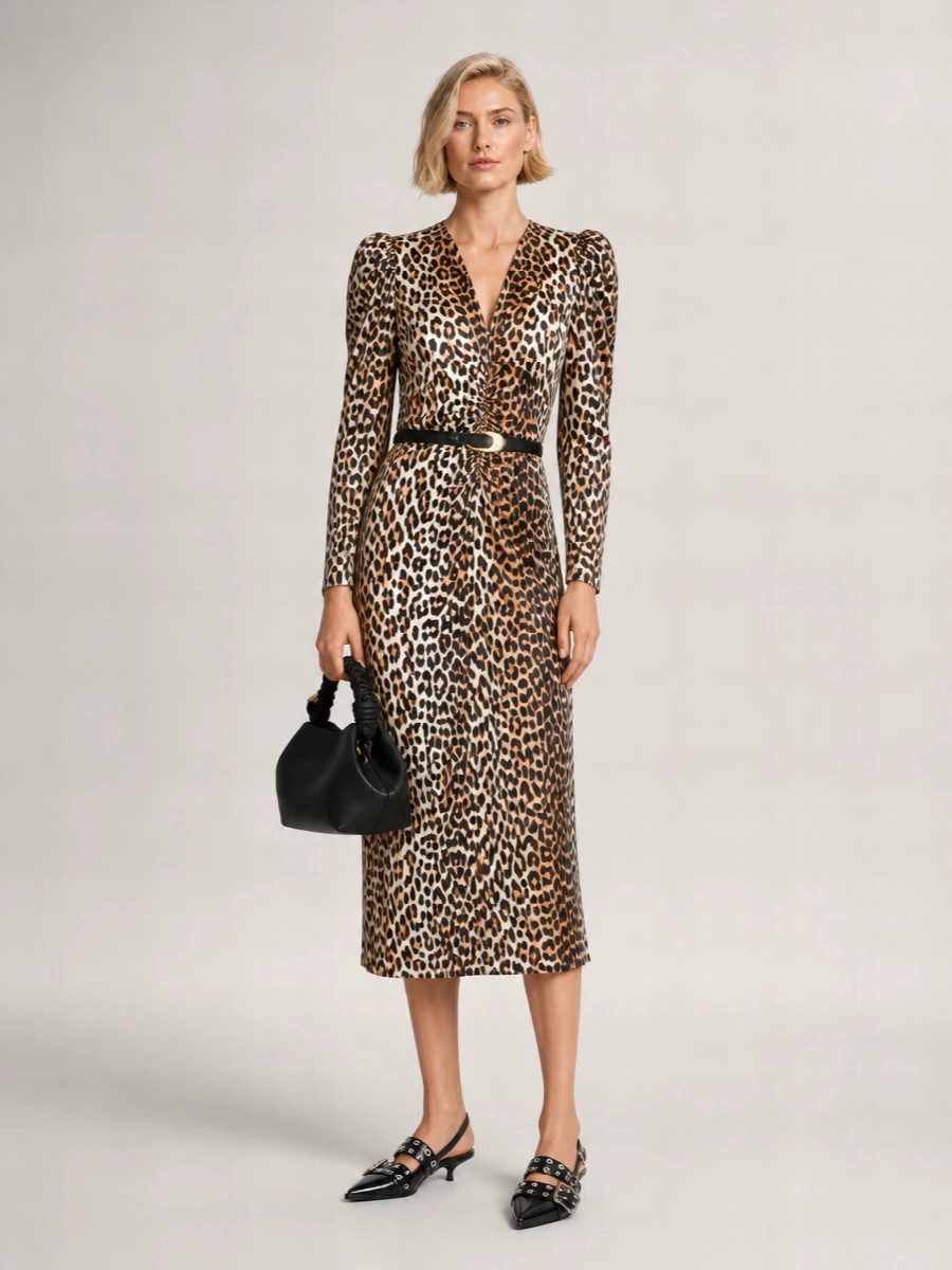 Ganni Leopard Print Ruched V-Neck Midi Dress
