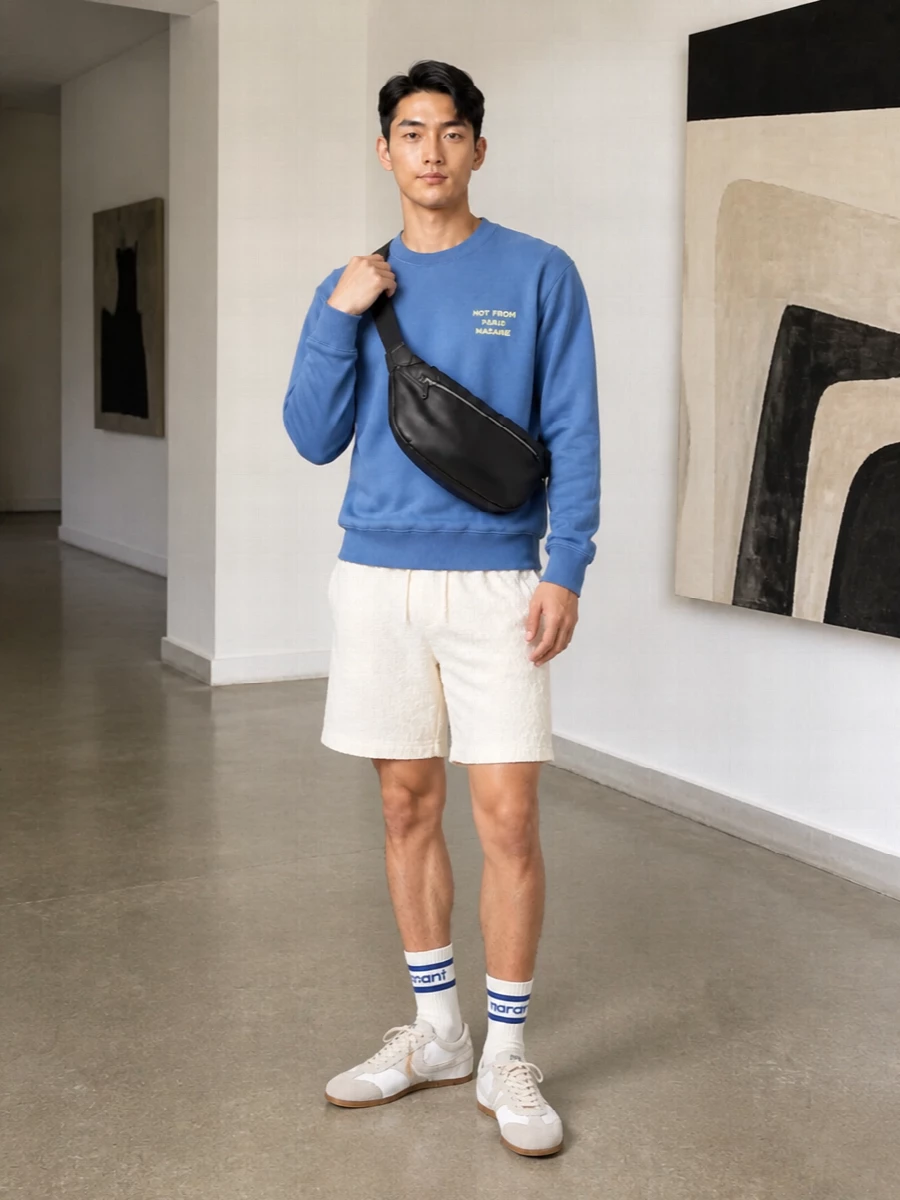 Drole de monsieur blue sweatshirt ivory shorts outfit