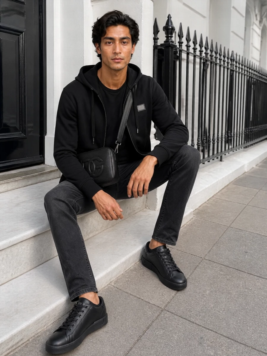 Dolce gabbana black hoodie jeans sneakers outfit