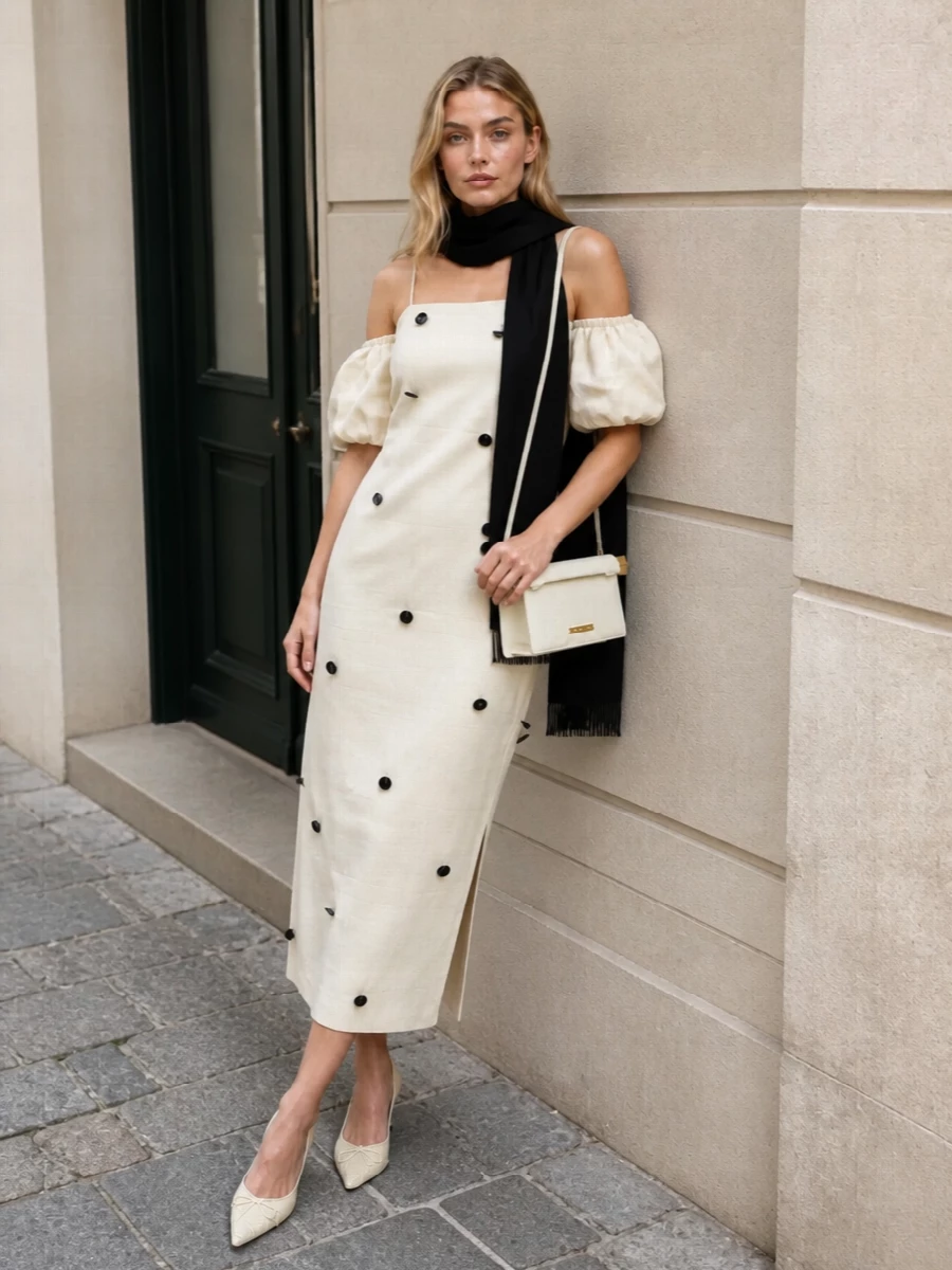 This look leans into the dress’s architectural romance by pairing it with tonal buttercream Jacquemus pumps and a sculptural buttercream mini shoulder bag, keeping the palette soft and ultra-cohesive. The black scarf introduces a subtle, graphic counterpoint that picks up the dress’s dark accents, maintaining a refined, gallery-ready FW elegance while letting the column silhouette remain the clear focal point.