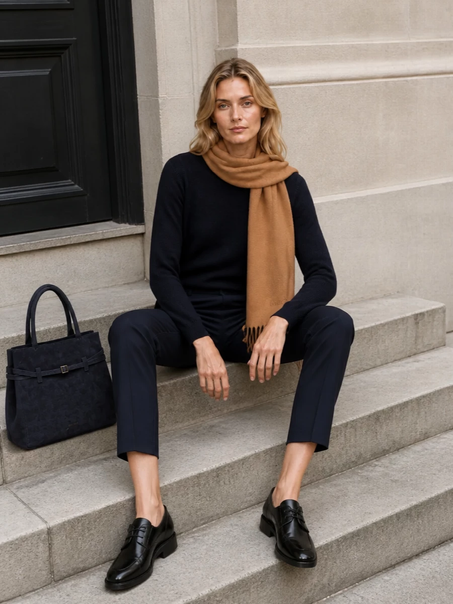Max mara navy sweater slim trousers outfit