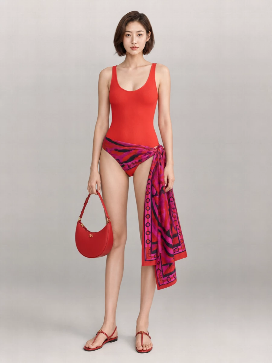 A vivid red-on-red story that keeps the focus on clean lines and a confident, athletic silhouette. The slim thong sandal and sculpted crescent bag track the curves of the body without adding weight, while the Pucci pareo brings just enough print to feel playful rather than busy. It is a tight, city-ready swim pairing that moves easily from lounger to late-afternoon cocktails.