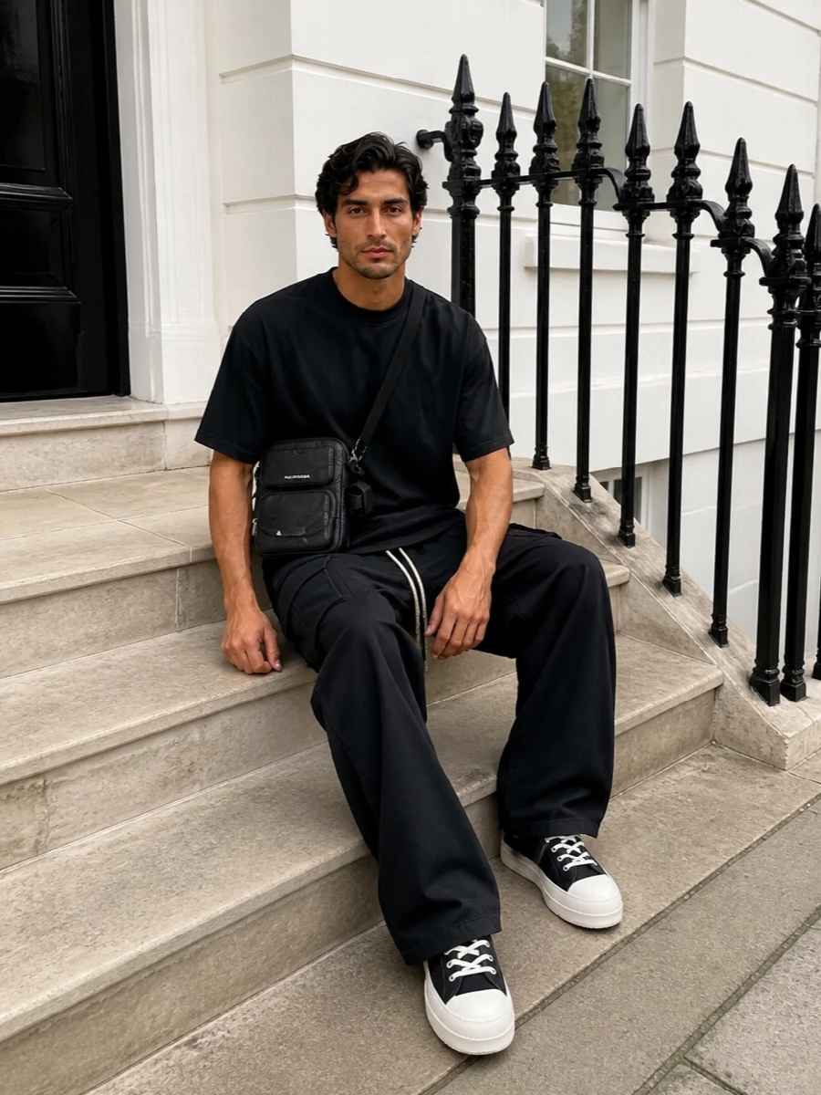 This look builds a clean, monochrome Rick uniform: wide black DRKSHDW cargos paired with an oversized, asymmetric black tee to emphasize length and volume. Chunky black hi-top sneakers with contrast foxing echo the drawstring and add sculptural weight at the base, while a compact black crossbody injects just enough hardware and utility without disturbing the stark, elongated silhouette.