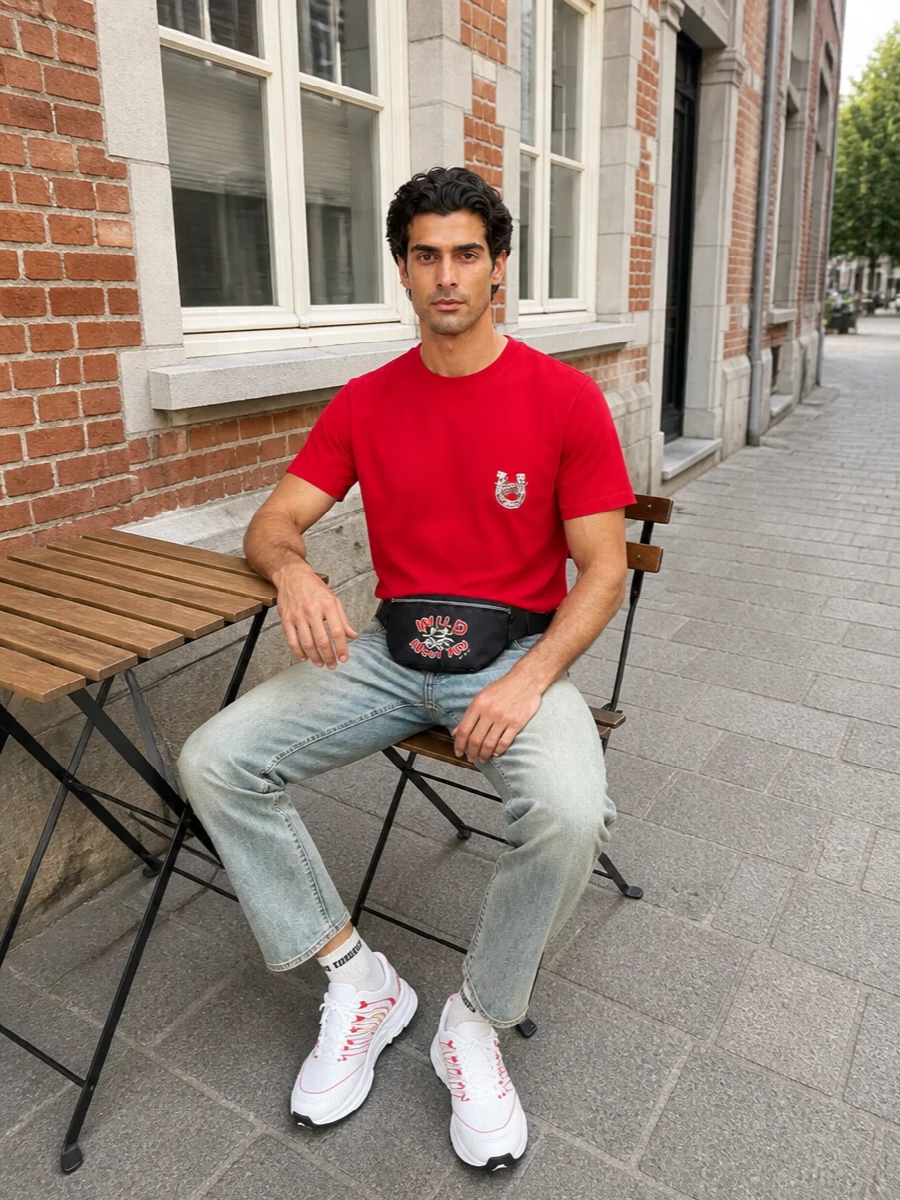 Kenzo red tshirt faded jeans white runners