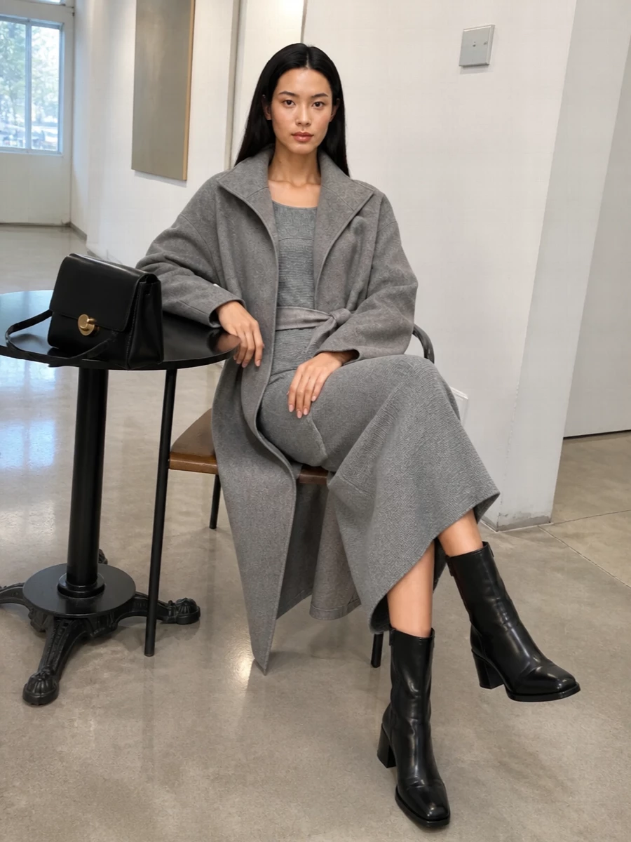 Frankie shop grey coat knit midi dress outfit