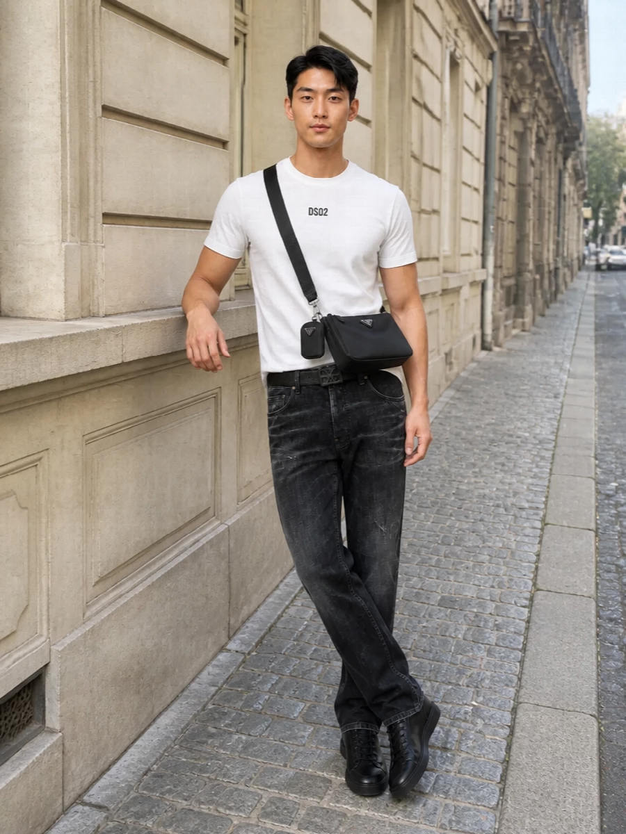 Dsquared2 white logo tee black jeans outfit
