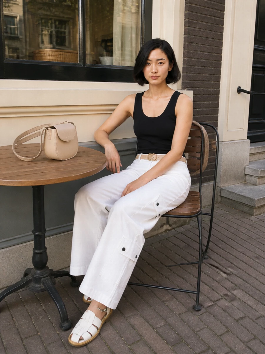 Parosh white cargo trousers black tank outfit