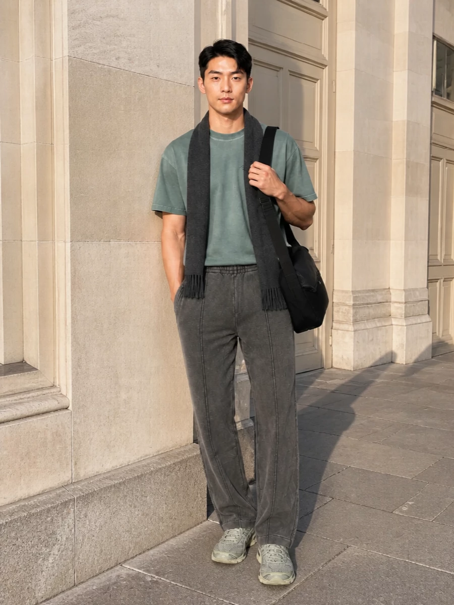 A washed sage tee sits against charcoal pull-on trousers for a relaxed street uniform that feels clean rather than sloppy. Sage runners tie the palette together with a light technical note, while the soft black shoulder bag and charcoal scarf keep everything grounded and city ready.