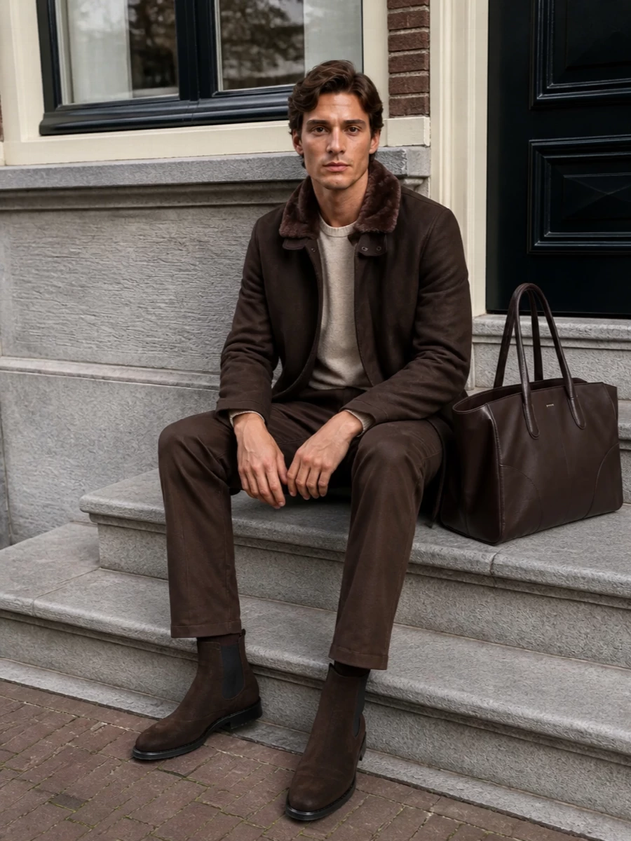 Herno brown coat chelsea boots outfit