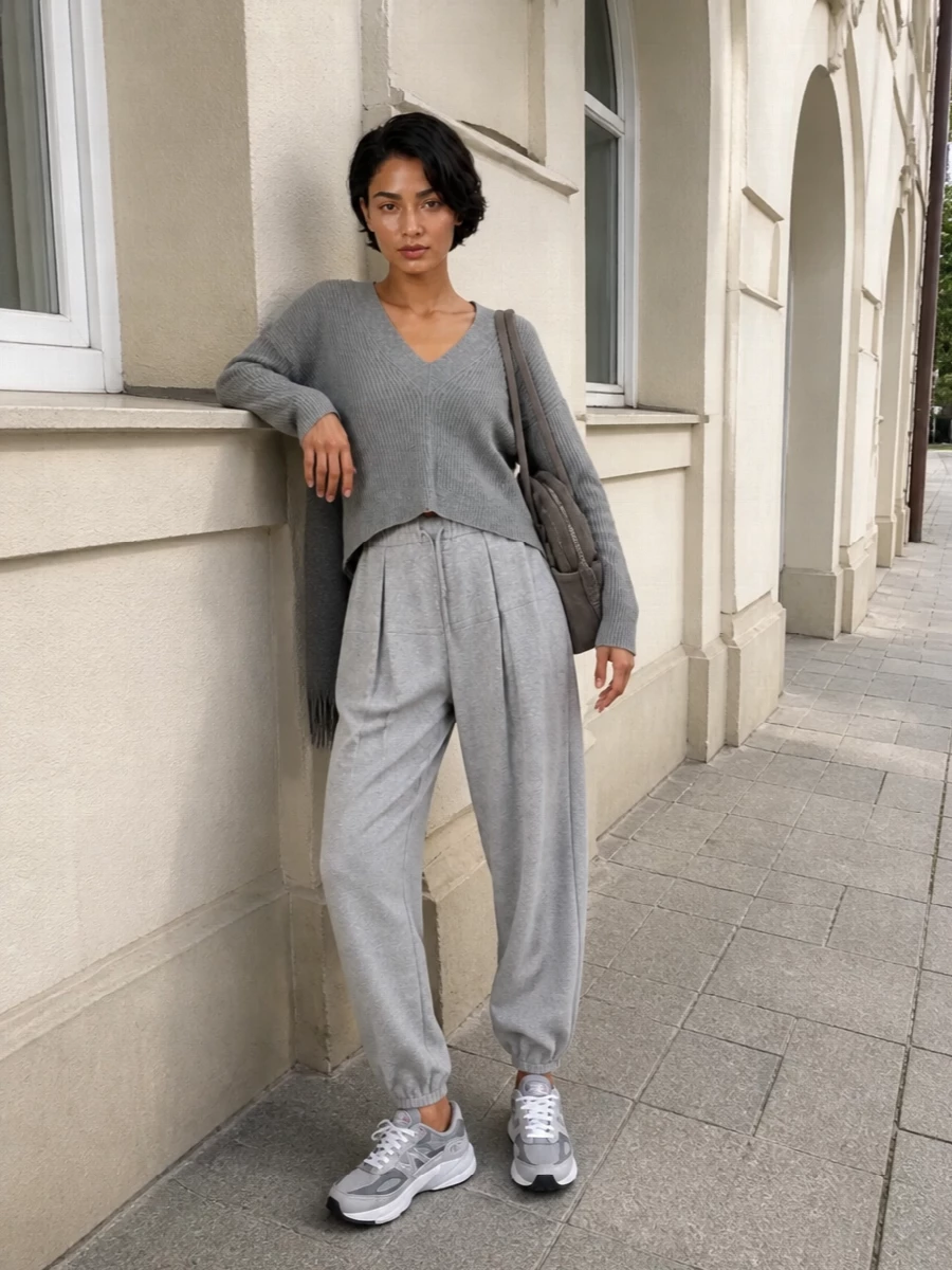 A heather-on-heather knit pairing keeps these pleated joggers feeling intentional rather than casual, with the cropped V-neck framing the waist and softening the athletic waistband. Chunky grey runners ground the volume and underline the sport angle, while a taupe-grey suede shoulder bag and tonal scarf bring just enough structure for city days. The result is a quietly luxurious, monochrome take on loungewear that feels ready for movement, not the sofa.