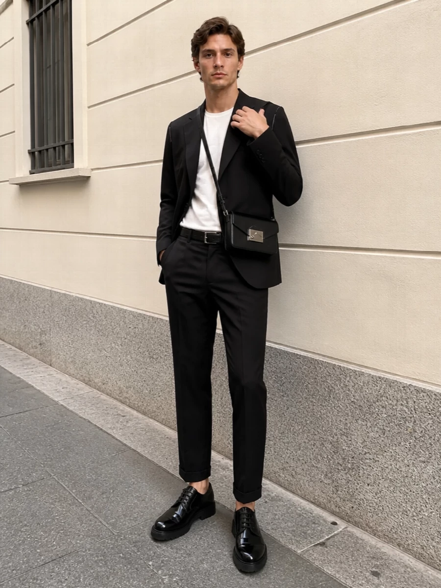 Maison margiela black blazer cropped trousers outfit