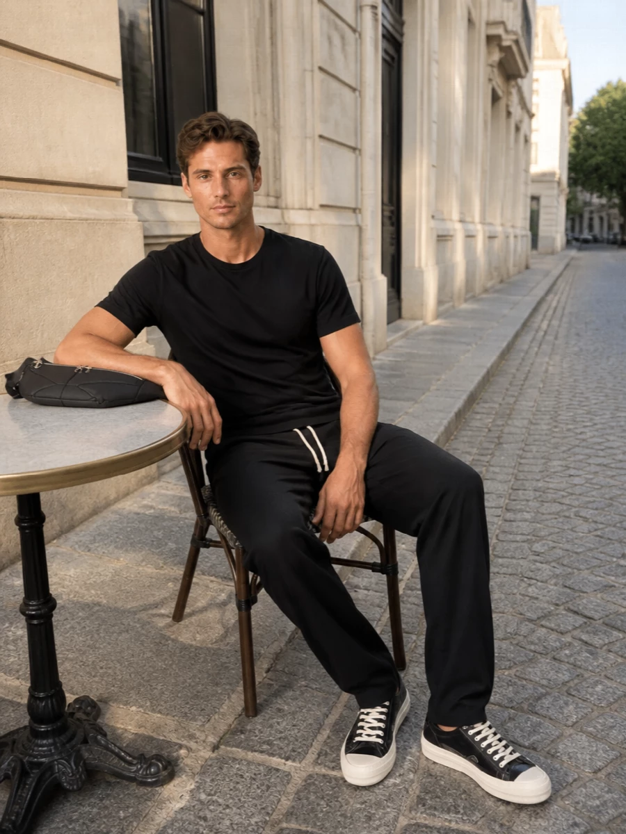A longline black tee drops cleanly over the straight-leg Rick trouser, keeping the silhouette vertical and easy while the drawstring becomes a quiet focal line. Textured low-top sneakers and a padded belt bag stay within the same monochrome, technical mood, so the whole outfit reads sharp, urban and quietly precise. It is relaxed enough for daily wear but considered in every proportion and detail.
