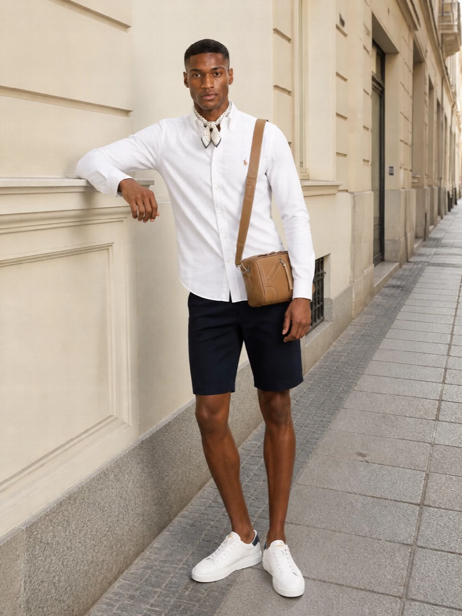 Soft white Oxford shirting with navy tailored shorts creates a clean preppy base that feels right for city terraces, casual Fridays or coastal weekends. White leather court sneakers keep the mood relaxed yet sharp, while a tan leather crossbody and a discreet navy-trimmed scarf add just enough quiet detail to feel considered without trying too hard.