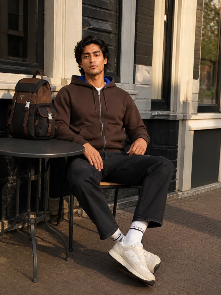 Rich brown, washed black and soft neutrals come together in a clean street-sport uniform that feels considered but easy. The straight-leg denim and technical runners keep the proportions relaxed and modern, while the tonal Prada backpack adds a quiet, utilitarian edge that matches the hoodie’s quietly technical energy.