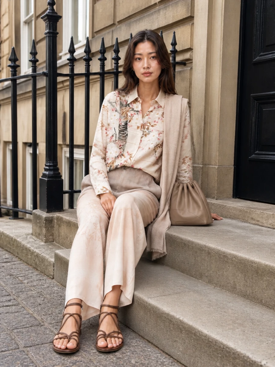 Soft ombré trousers meet a painterly floral shirt in matching warm ivories and beiges, creating a fluid, almost watercolour column of print. Barely-there lace-up sandals and a supple taupe pouch keep the focus on movement and texture rather than hardware. The result feels bohemian and serene, ideal for days that slide from gallery visits to long summer dinners.