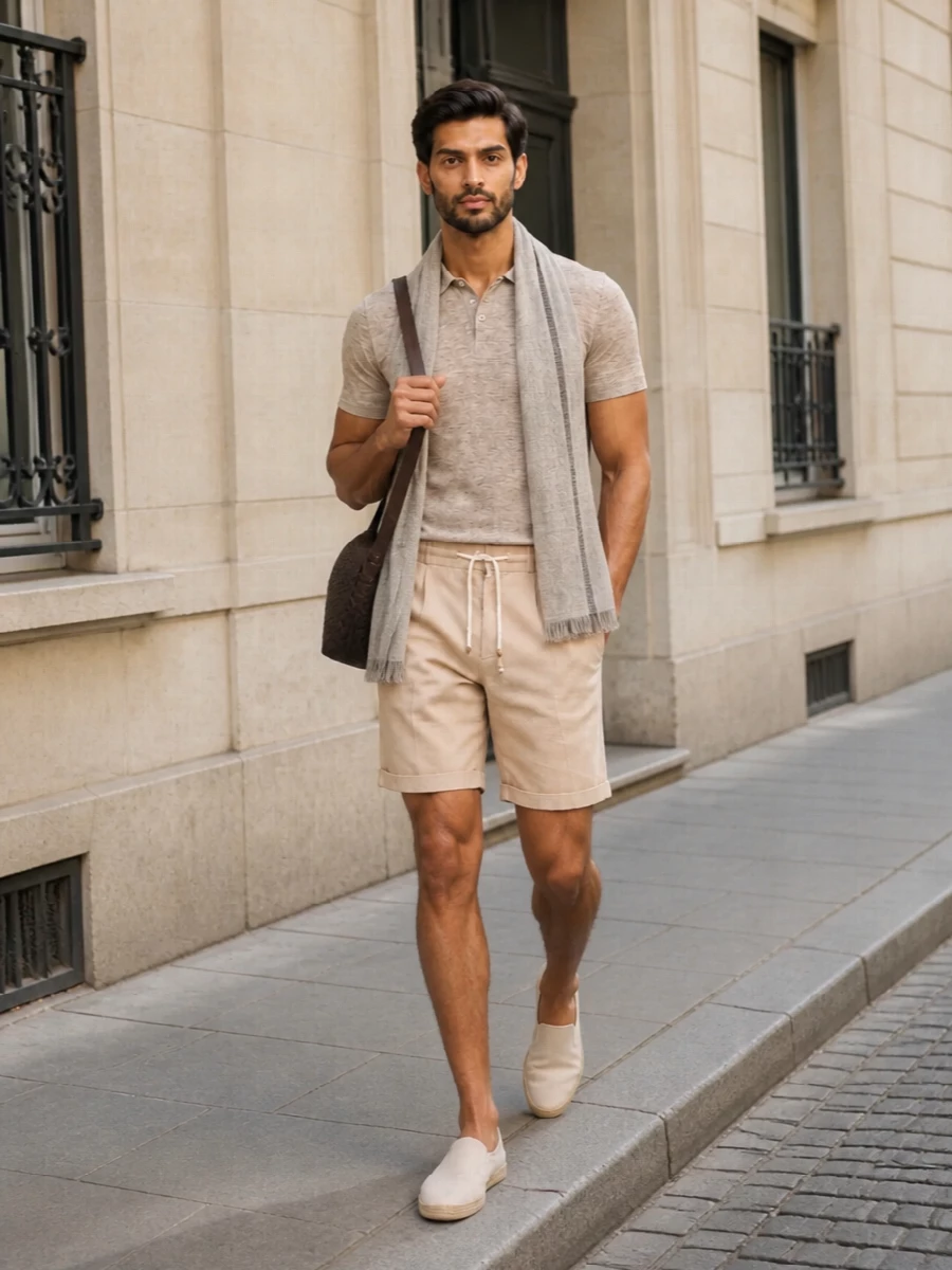 Light-beige drawstring chino shorts are paired with a heather-beige knit polo for a softly tonal, monochrome take on summer tailoring. Light-beige espadrilles keep the line relaxed yet polished, while the espresso intrecciato crossbody and a gauzy stone-grey scarf add just enough depth and texture to keep the look considered but effortlessly quiet.