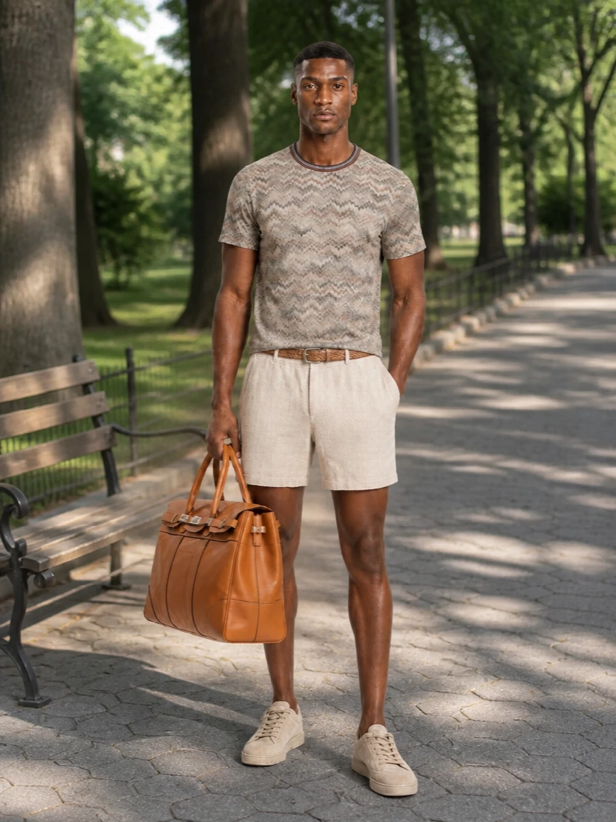 Missoni knit tee beige shorts suede sneakers